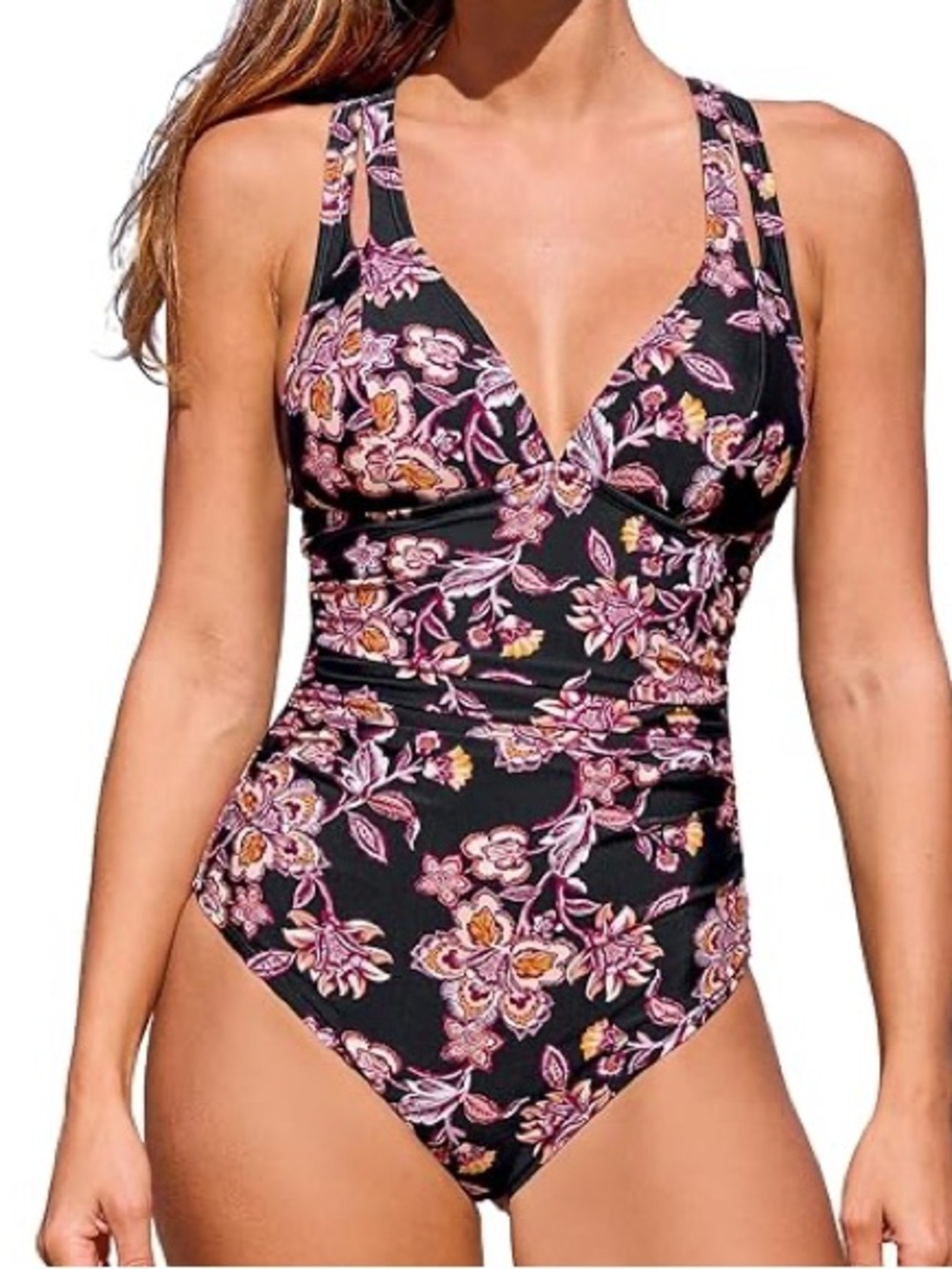 NWT- Floral One-Piece Swimsuit - Black with Pink & Yellow Flowers